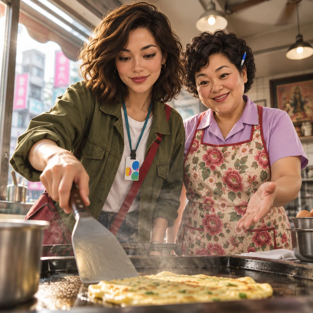 Maya reaches for the spatula as Auntie Lin makes room for her to try folding the egg pancake.