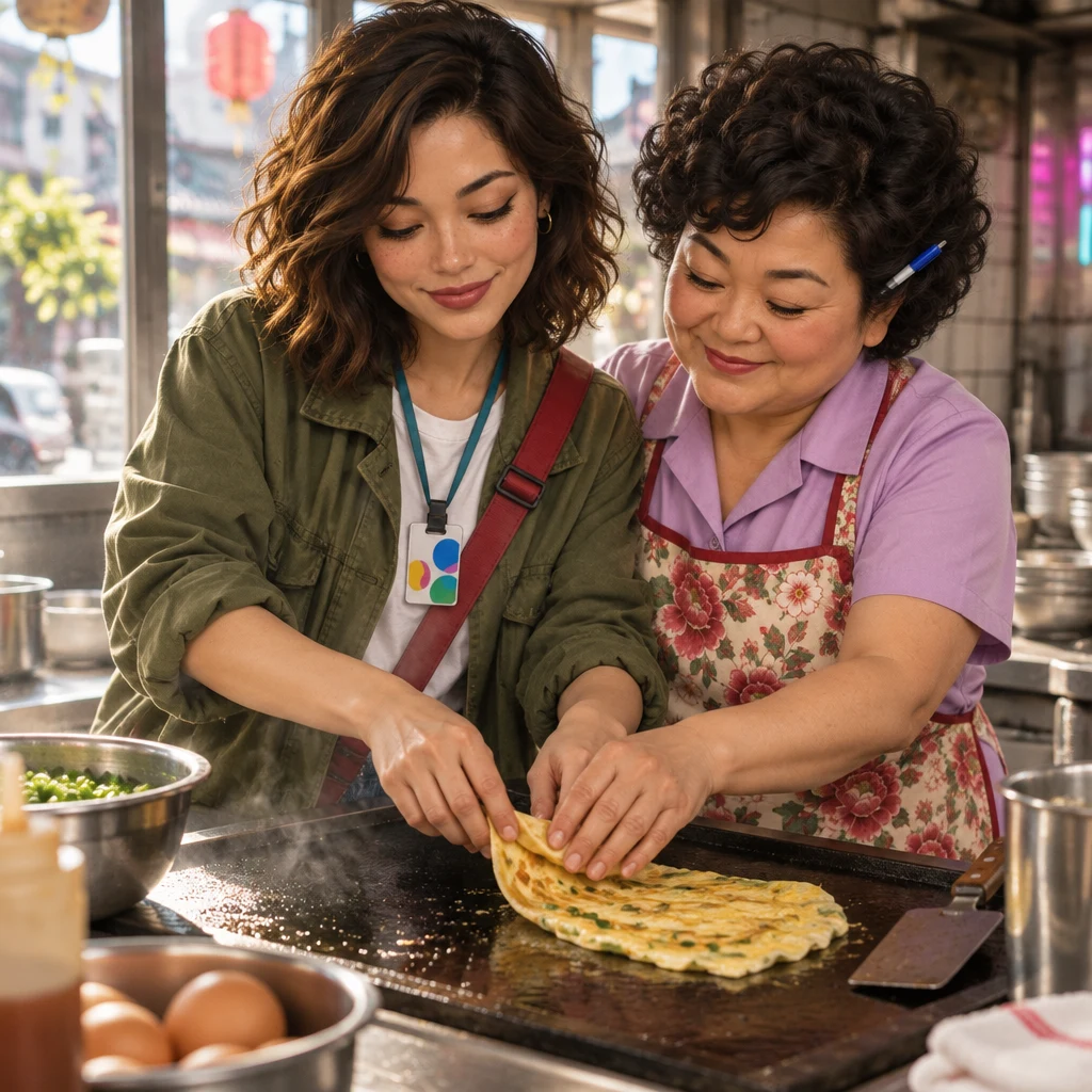 Auntie Lin guides Maya’s hands as Maya begins to fold an egg pancake.