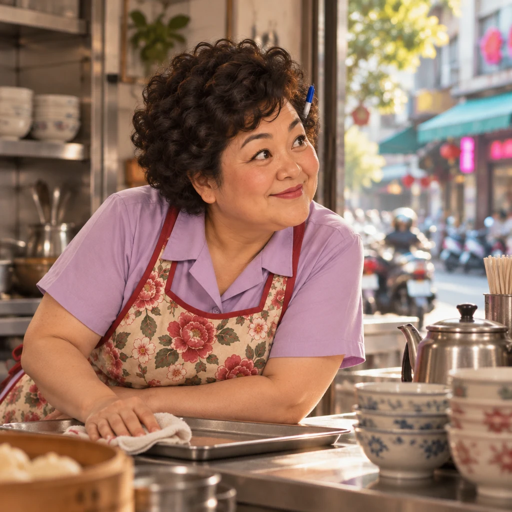 Auntie Lin leans on the counter, head tilted in curiosity, wiping a tray as she looks toward the doorway.