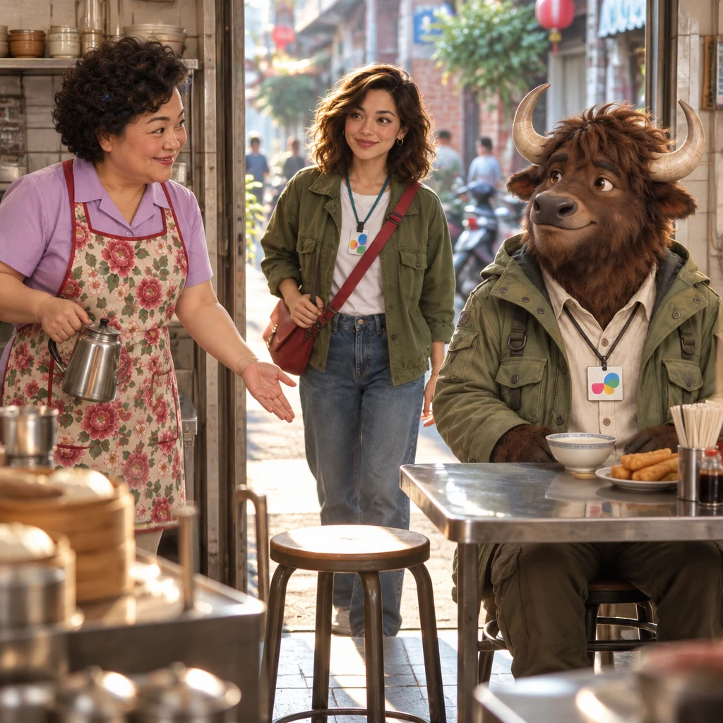 Auntie Lin gestures toward an empty stool as Maya enters the open shopfront, while A-Li stays on the other stools.
