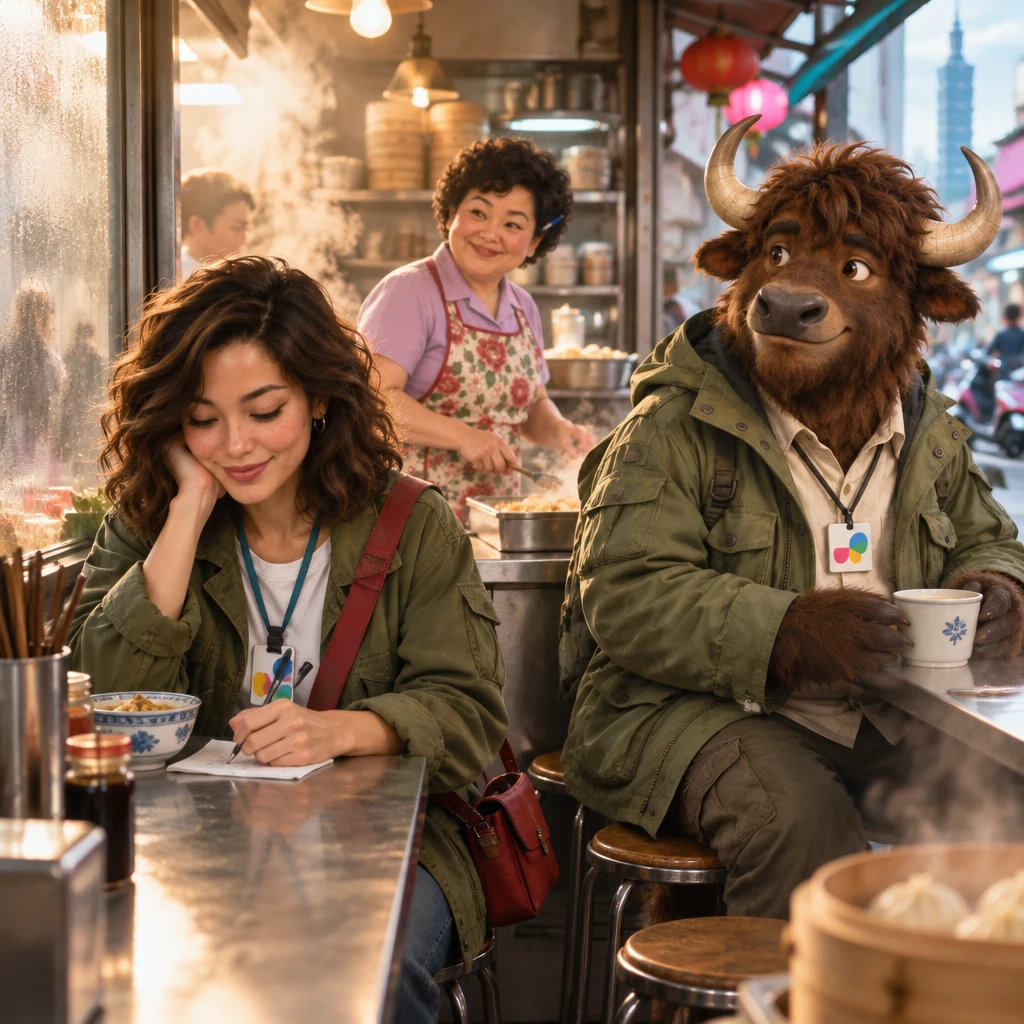 Morning steam fogs the breakfast shop window while Maya works over a napkin at the counter, Auntie Lin glances from the griddle, and A-Li occupies a pair of stools beside unfinished soy milk.