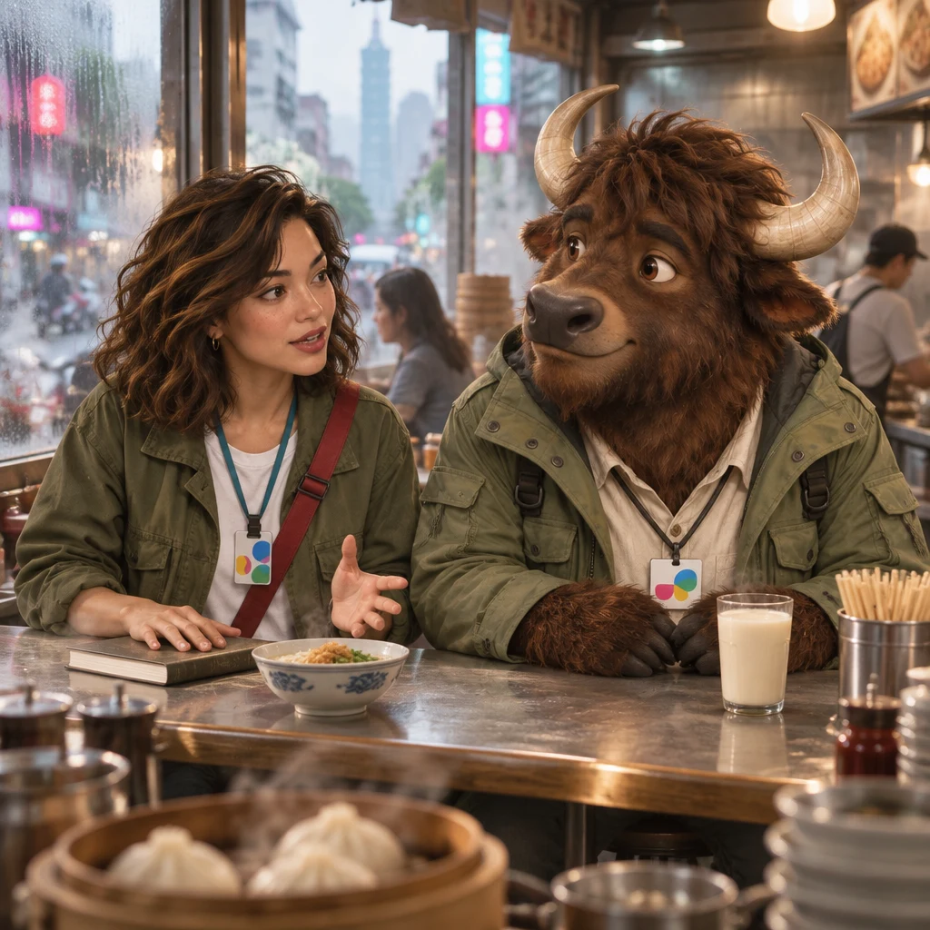 Maya sits upright at the steamed breakfast counter with her palm on a closed book, while A-Li watches from a pair of stools and ignores his soy milk.