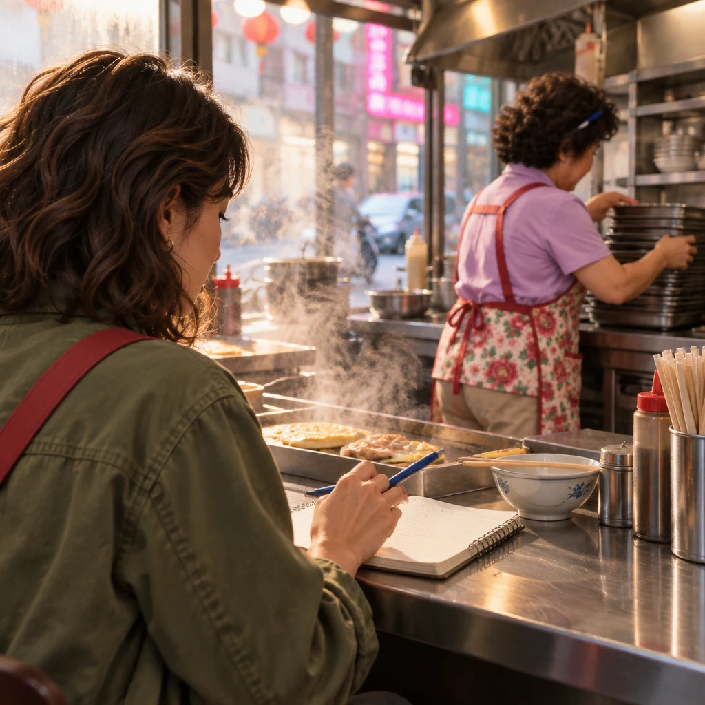 Maya drills with a pocket notebook at the breakfast counter, tapping a practice rhythm, while Auntie Lin stacks trays behind her with a different stance.