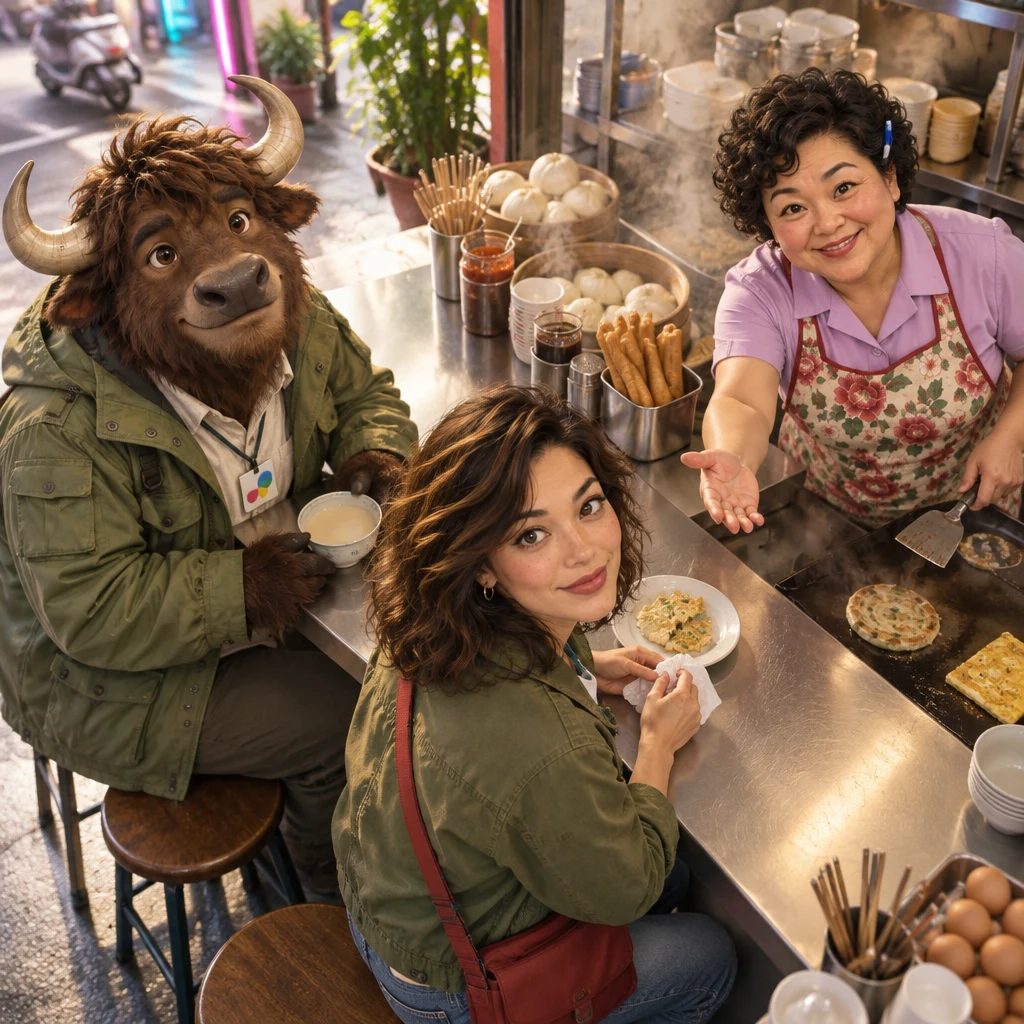 A-Li turns from his stools toward Maya as if asking her next plan, Maya looks up from her napkin, and Auntie Lin leans in with an open palm.