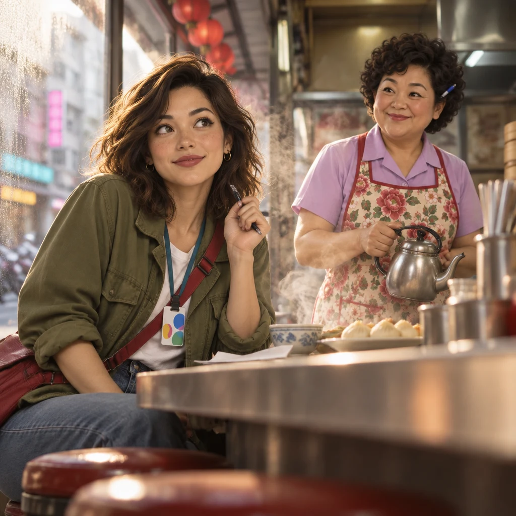 Maya shrugs at the breakfast counter with her pen hovering, interested but undecided, while Auntie Lin waits apart with a teapot.