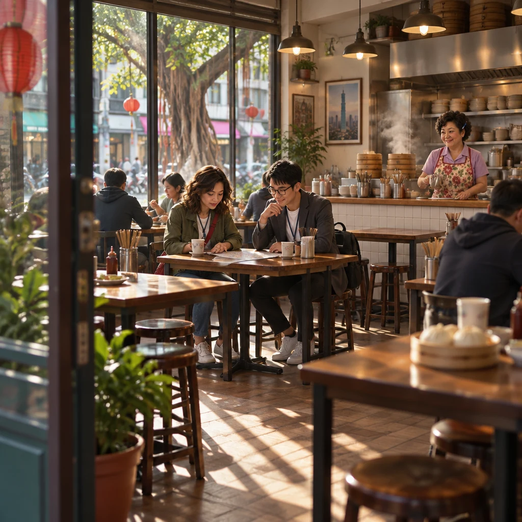 Maya and Zhi-Ming sit at a Banyan Breakfast table with a marked napkin while Auntie Lin watches from the counter.