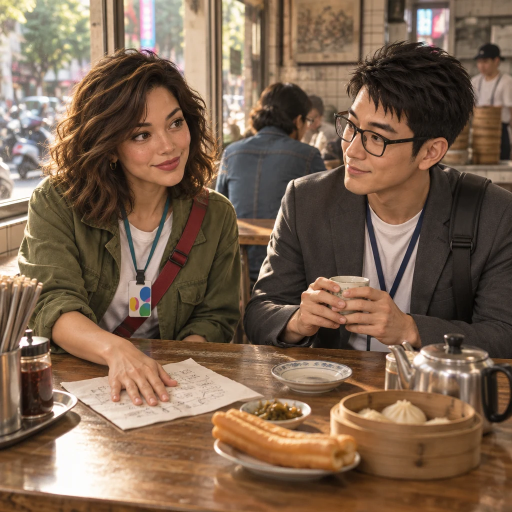 Maya rests her palm on the marked napkin to show progress while Zhi-Ming listens holding a cup in both hands.