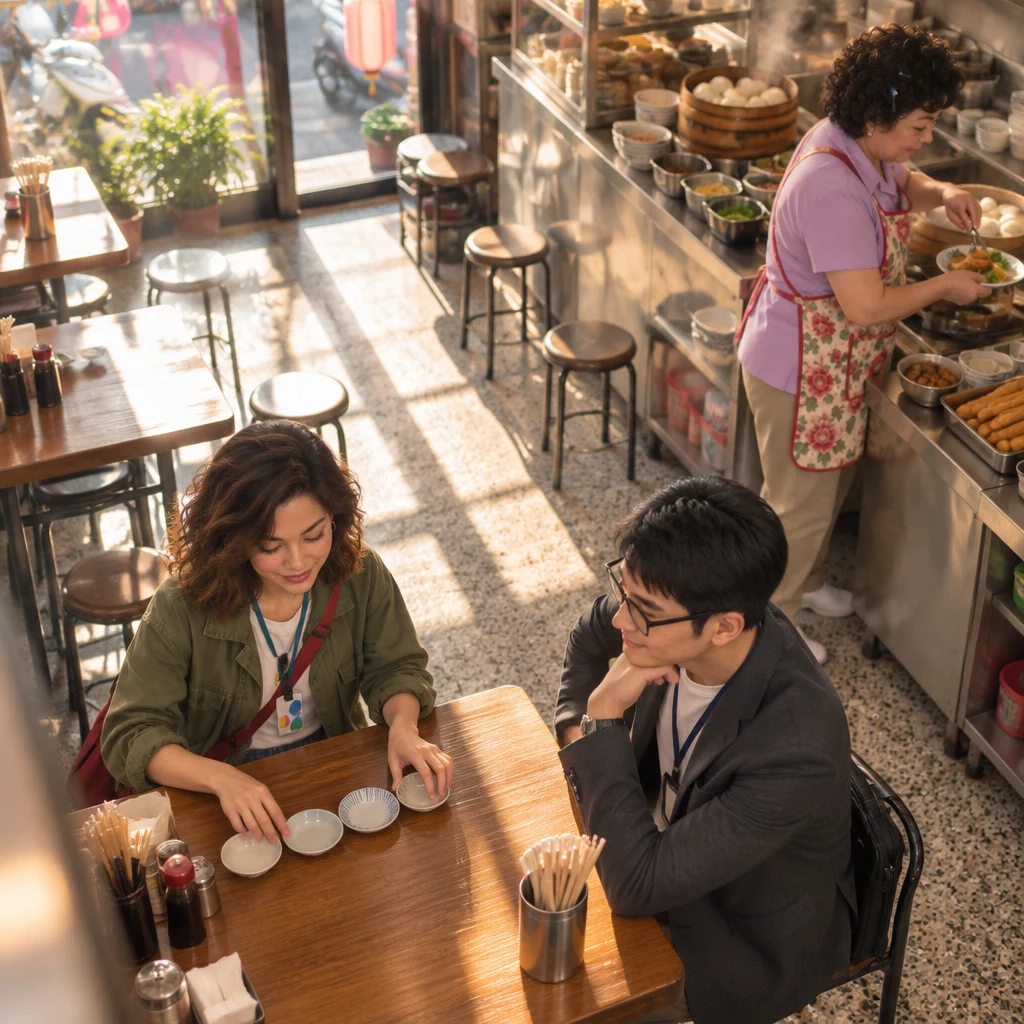 Maya lines up a few small empty dishes for modest next steps while Zhi-Ming watches from across the table and Auntie Lin plates food at the counter without watching.