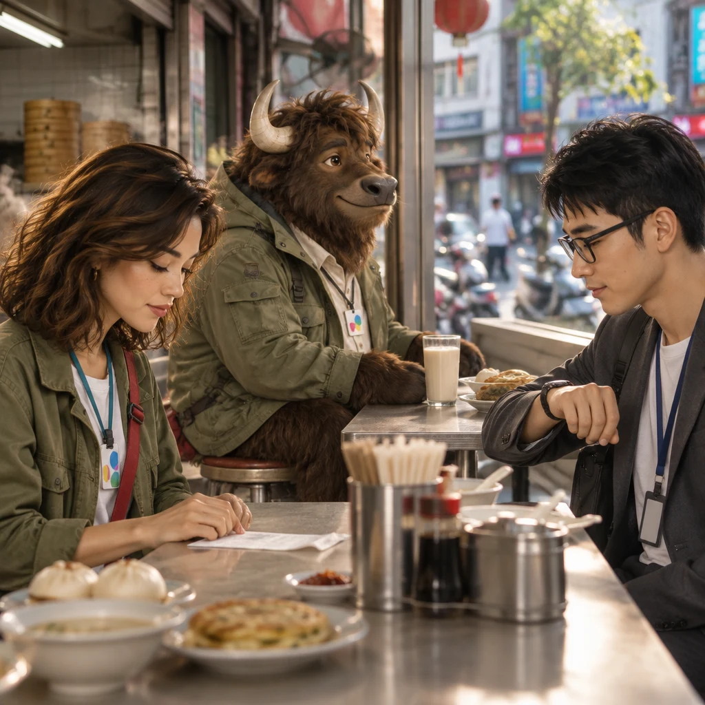 Maya looks along the long napkin without hurry while A-Li occupies extra stools beside unfinished soy milk and Zhi-Ming glances at a blank watch.