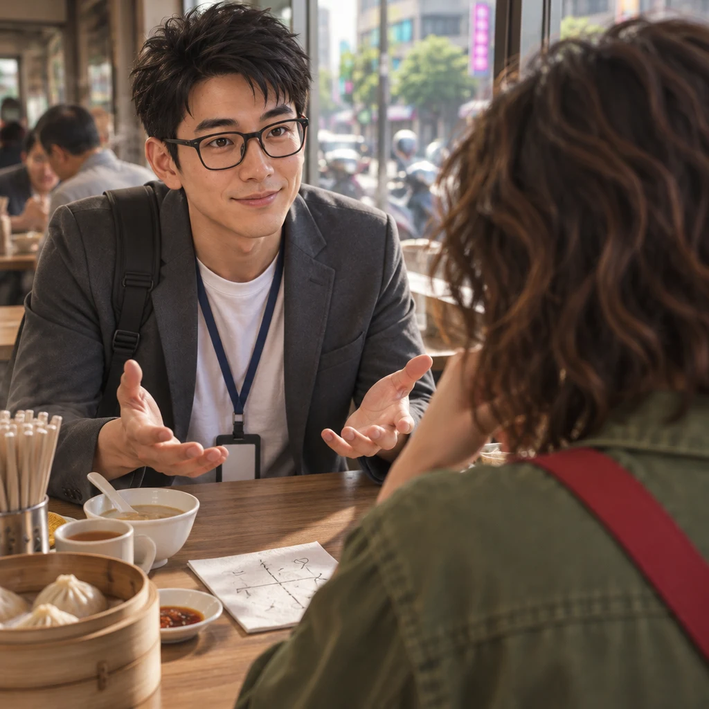 Zhi-Ming leans forward with open palms toward Maya, asking about her plan, while she looks down at the napkin and thinks.