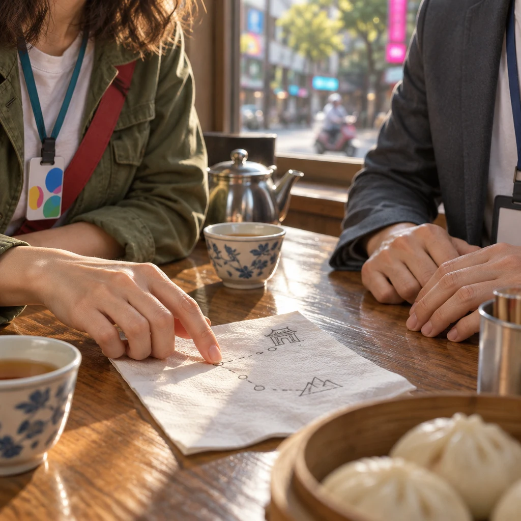 Maya walks her fingers slowly along the napkin marks while Zhi-Ming nods with hands flat on the table.