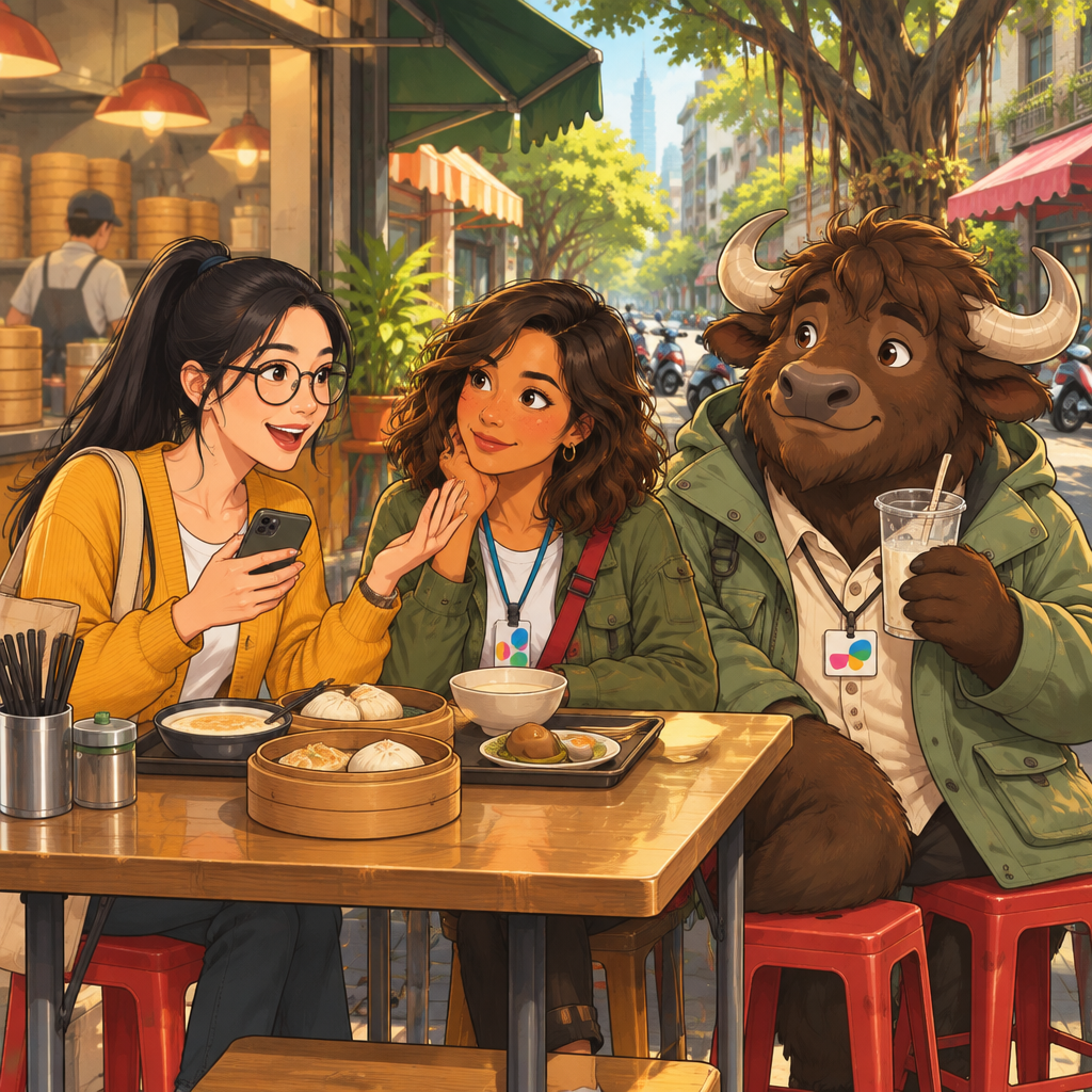 Yi-Jun tells Maya about her friend’s missing phone while Ali sits nearby with unfinished soy milk.