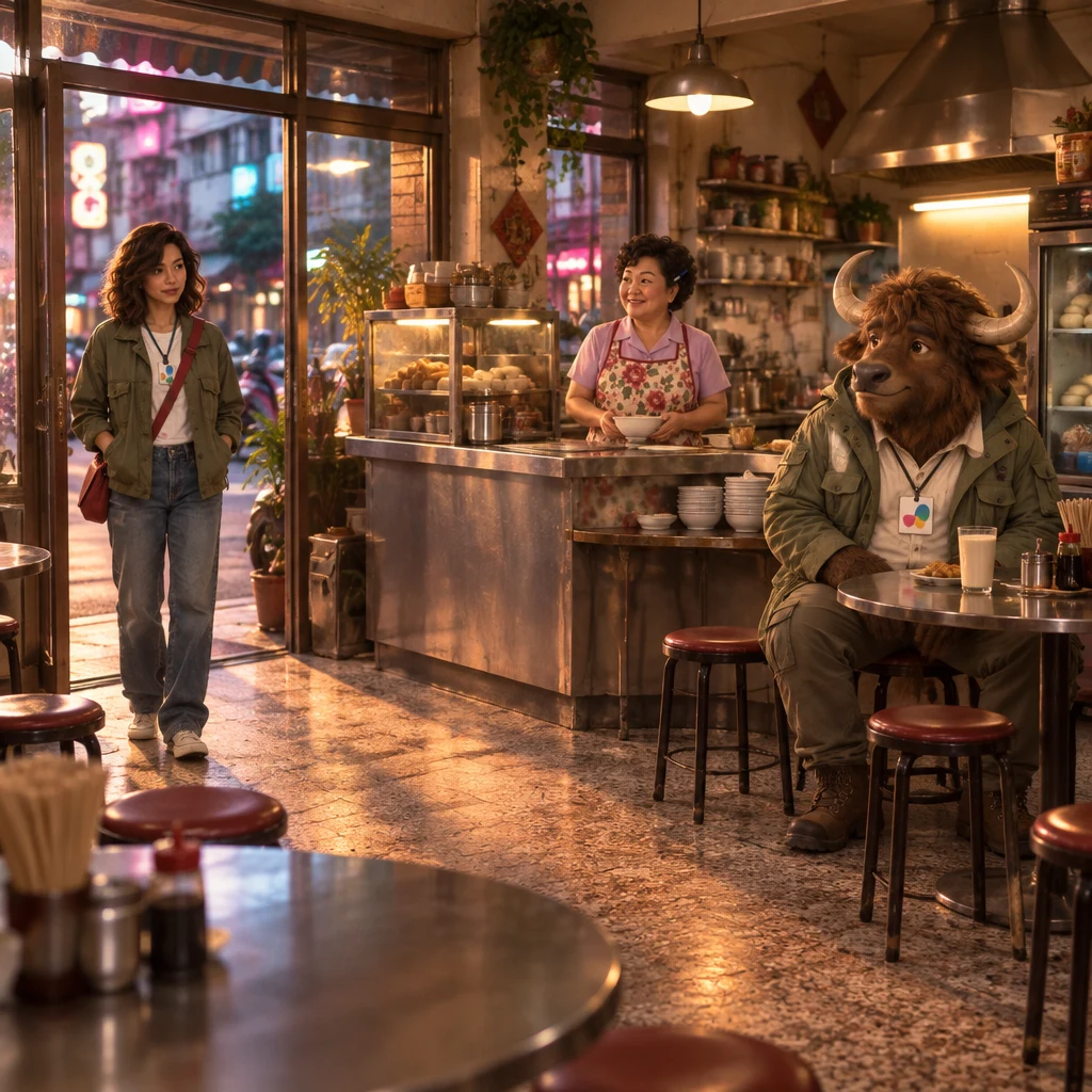 Maya has just stepped into Banyan Breakfast while Auntie Lin watches from the counter and A-Li waits beside untouched soy milk.
