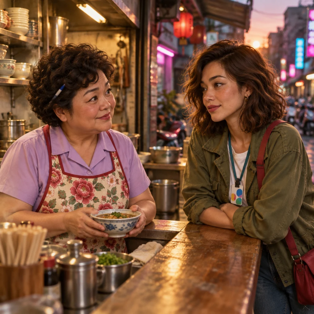 Auntie Lin holds a bowl behind the counter and watches Maya with quiet concern.