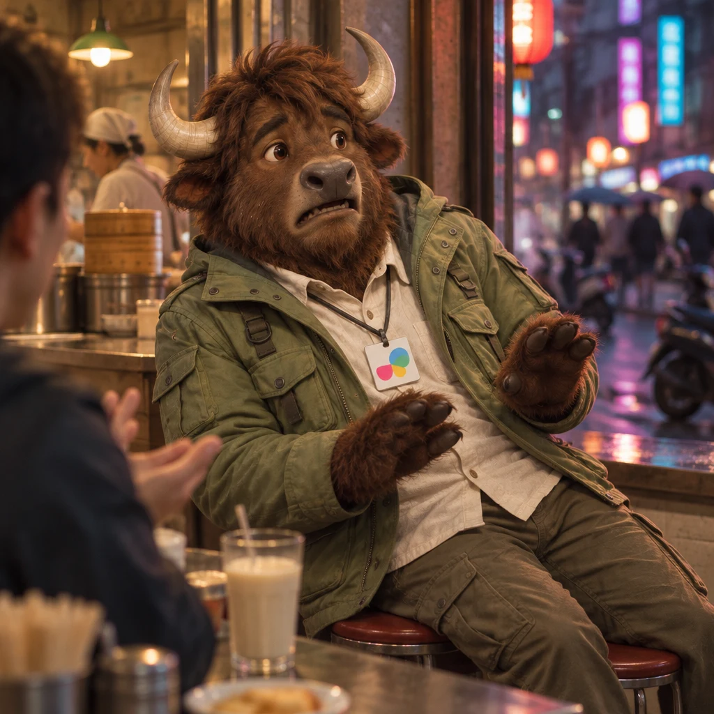 A-Li the yak recoils in dismay on a pair of stools beside untouched soy milk.