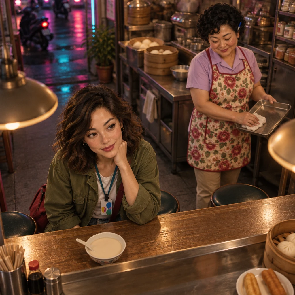 Maya sits at the counter and nods in quiet understanding while Auntie Lin turns aside to wipe a tray.