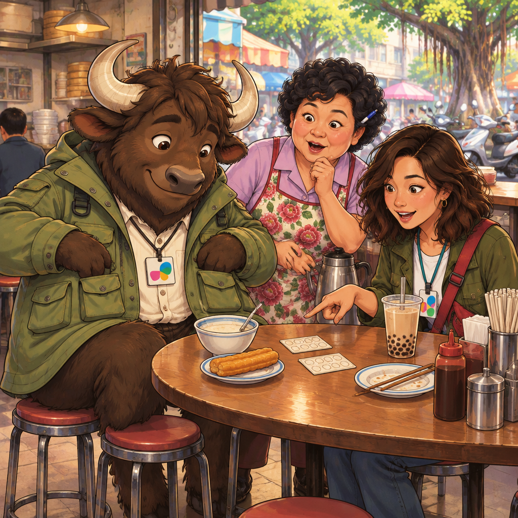 At the back table of a Taipei breakfast shop, Ali has found two stamp cards beside his unfinished soy milk while Maya and Auntie Lin look on.