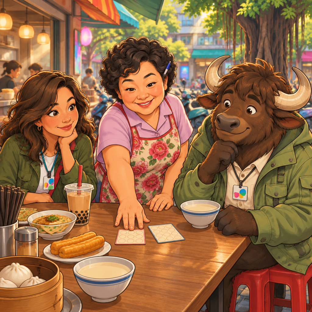 Auntie Lin reaches gently toward the two cards with a warm, delighted smile as Maya and Ali look on.