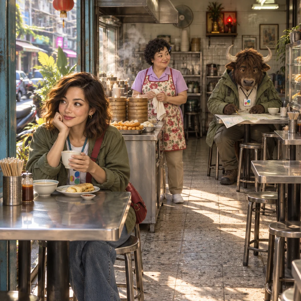 Morning light fills Banyan Breakfast as A-Li sits at the back over a paper map while Auntie Lin watches from the counter and Maya sits up front, not looking.