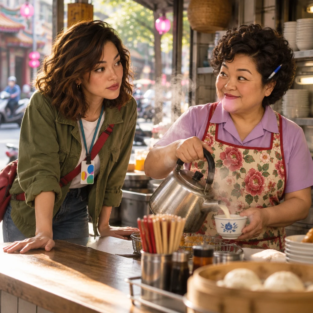 Maya leans over the table with one palm flat on the wood, skeptical, while Auntie Lin pours soy milk.