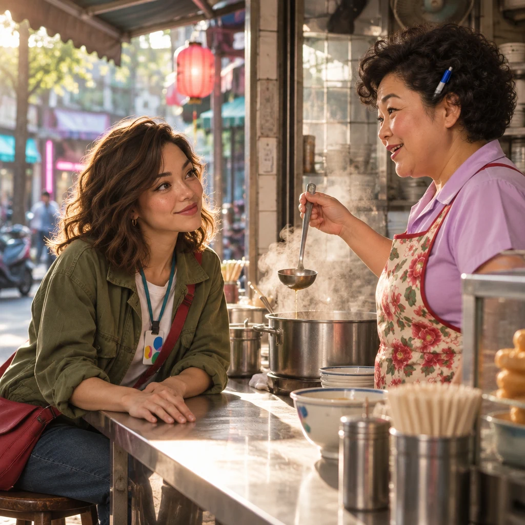 Maya has scooted her stool forward with fingers splayed on the table edge while Auntie Lin lifts a ladle mid-story.