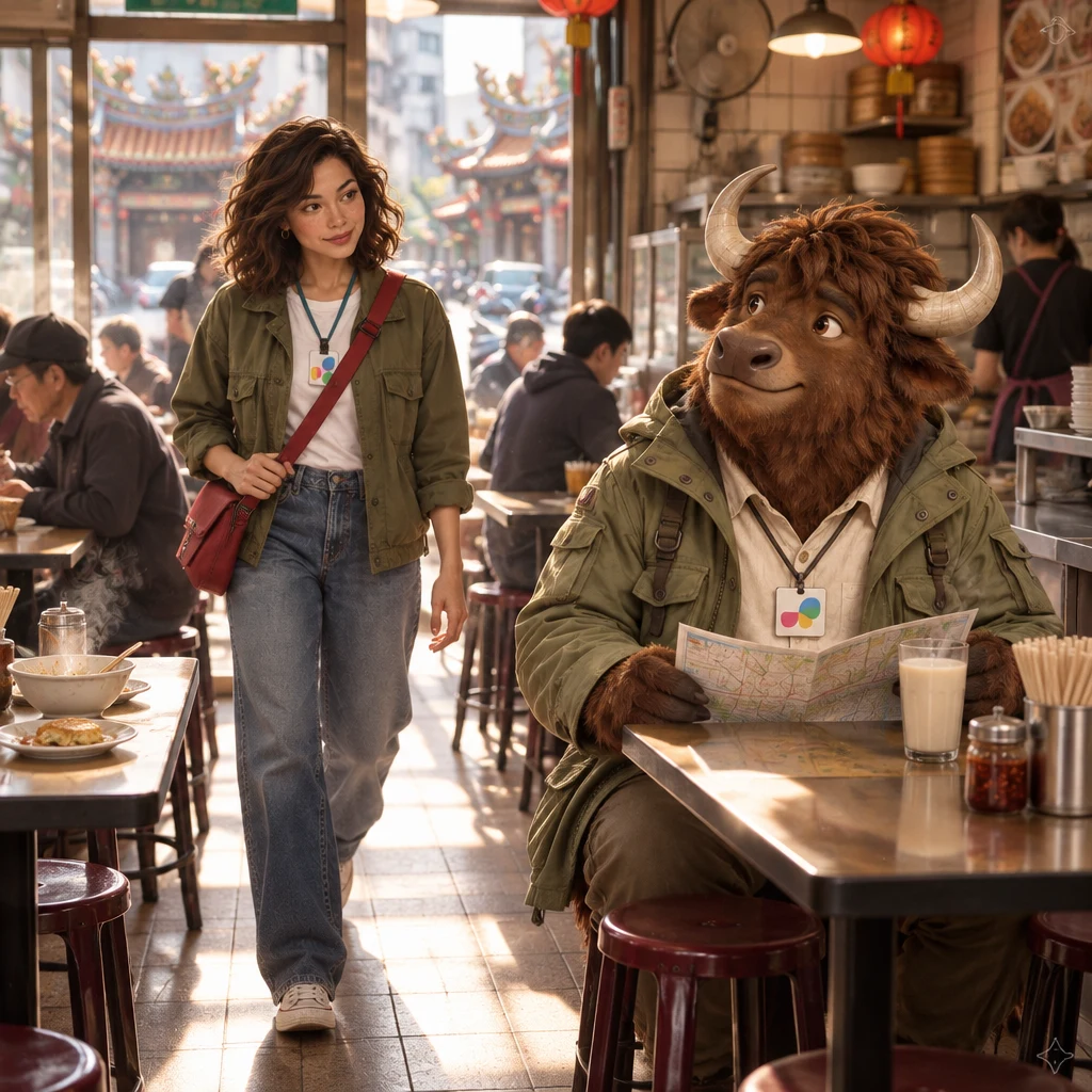 Maya walks from her front table down the aisle toward A-Li at the back stools.