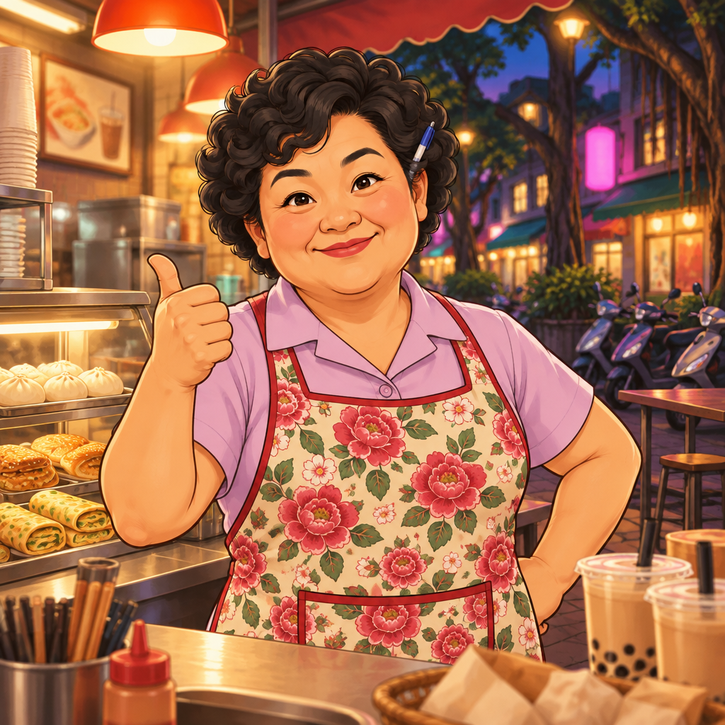 Auntie Lin smiles and raises one hand in a warm, affirmative gesture.