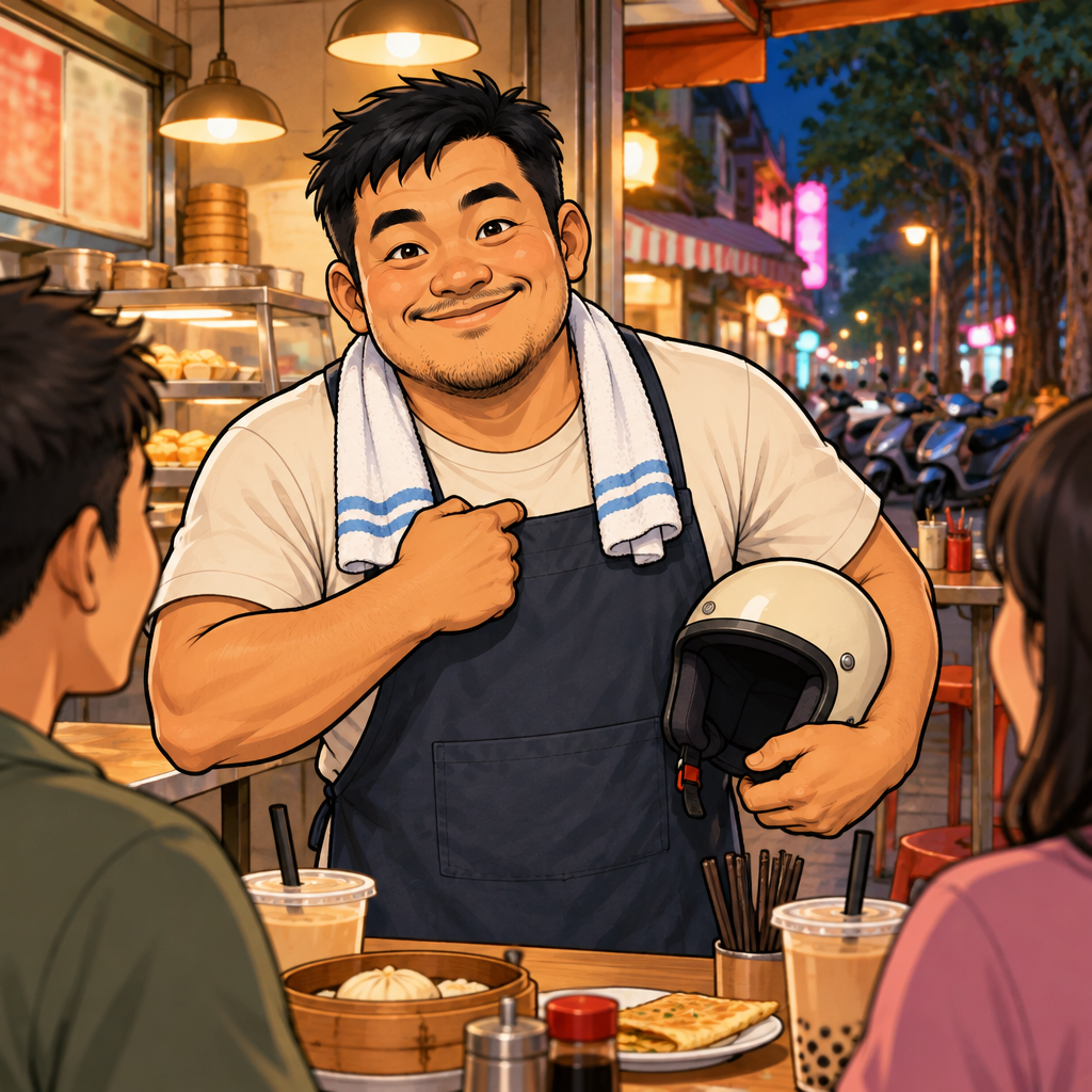 Ajie leans forward with an enthusiastic smile and taps his chest to show that he feels the same way.