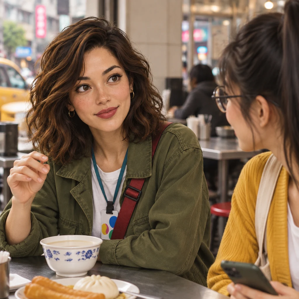 Maya looks up from her cup and lifts a small hand to add something while Yi-Jun twists in the chair toward her.