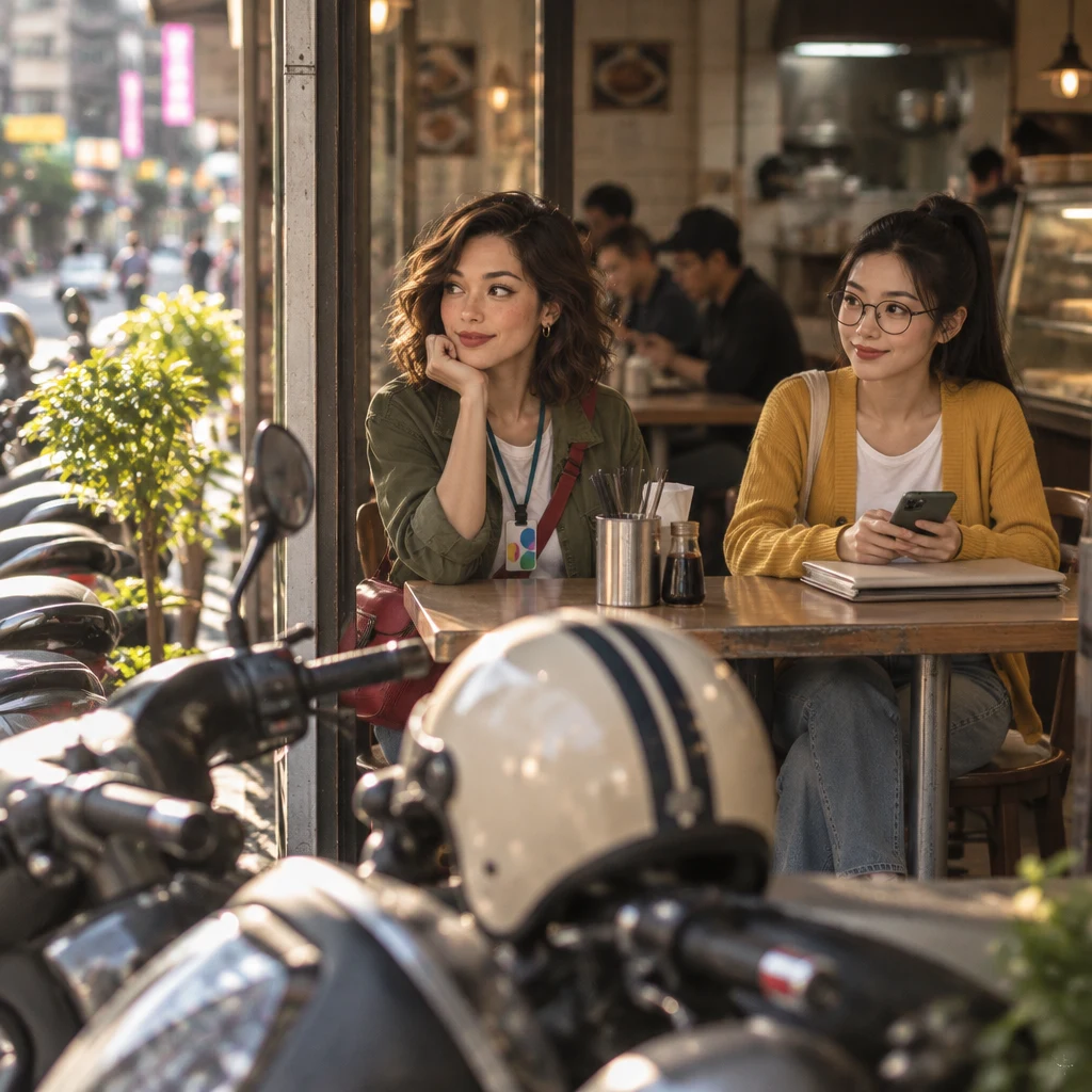 Parked scooters fill the afternoon street outside while Maya and Yi-Jun stay soft at the table inside, Maya turned toward the street.