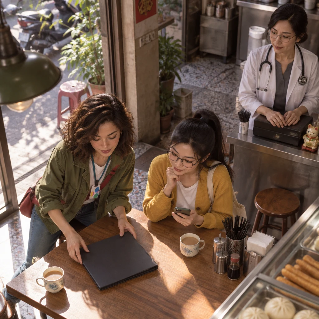 Maya half-rises and rotates the closed folder on the table as if to study it from a new side, while Yi-Jun watches seated and Dr. Chen returns to the shut till.