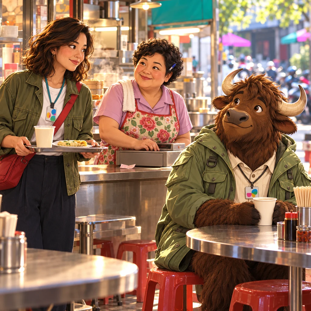 Morning inside Banyan Breakfast: Auntie Lin at the till, Maya holding her usual tray, and a yak on two stools with unfinished soy milk, a folded fortune slip left untouched in the till.