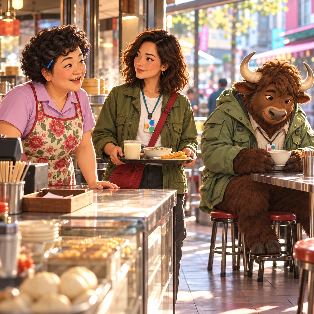 Auntie Lin looks frankly across the till at Maya with both palms on the counter, while Maya holds her tray in a pause and the yak stares into unfinished soy milk.