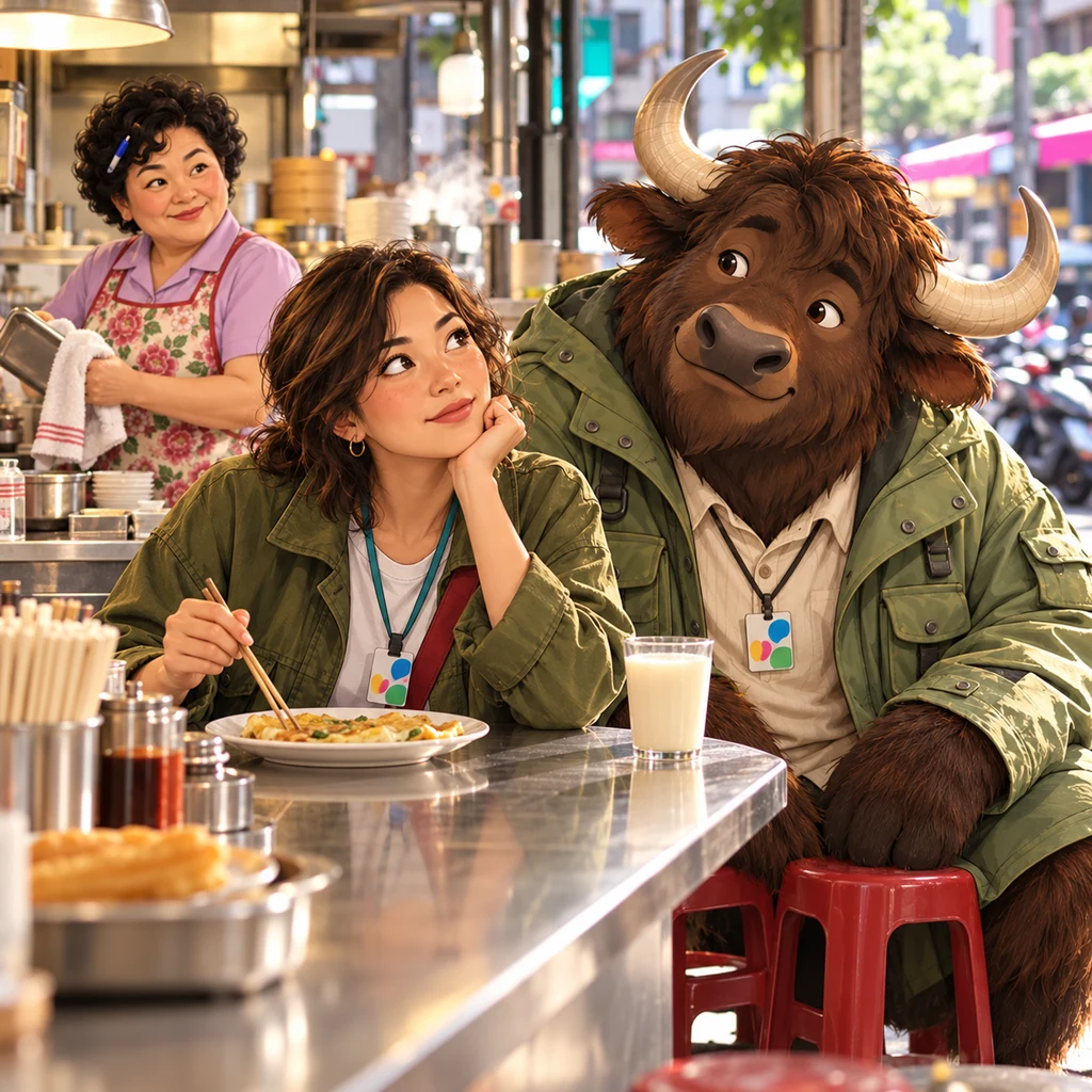 Maya sits at the counter with her gaze lifted in thought, chopsticks still, while Auntie Lin wipes a tray and the yak leans in from two stools.