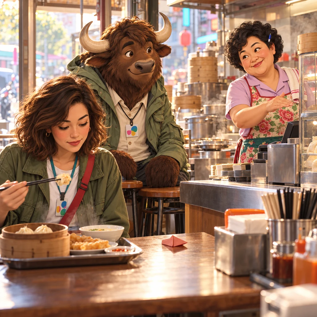 Auntie Lin makes a wrapping-up chop of the hand over the till while Maya looks down at her breakfast and the yak glances toward the unread fortune slip.