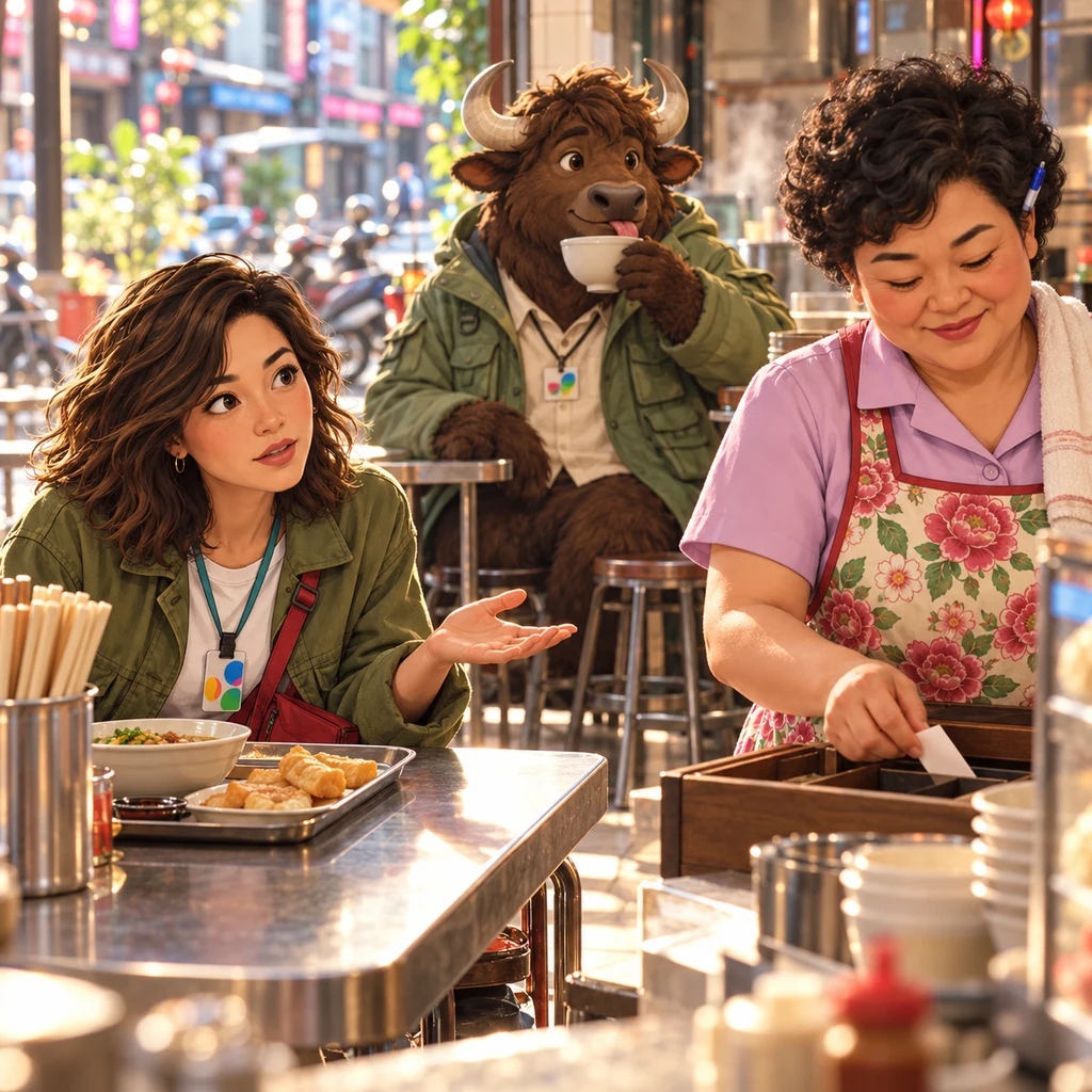 Maya leans in over her tray with an earnest open palm toward Lin, while Lin tucks the fortune slip deeper into the till and the yak licks the rim of his cup.