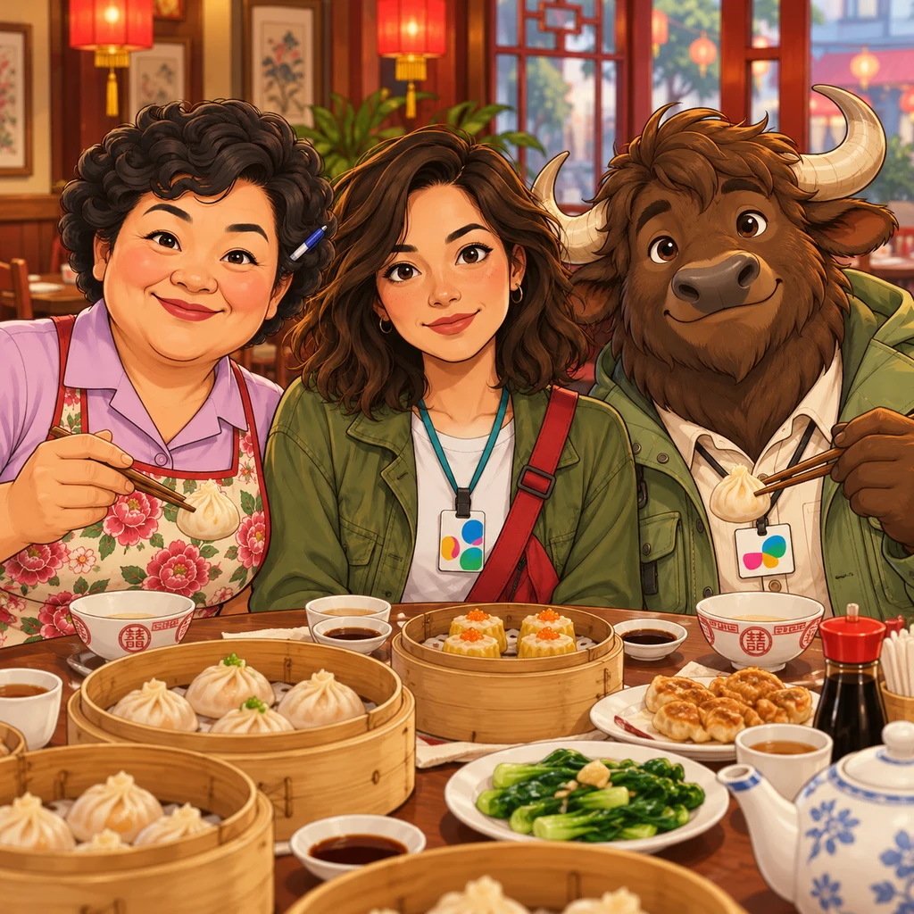 Auntie Lin shrugs one shoulder with a palm up toward the untouched fortune slip while Maya eats slowly and the yak rests his chin on the extra stool.