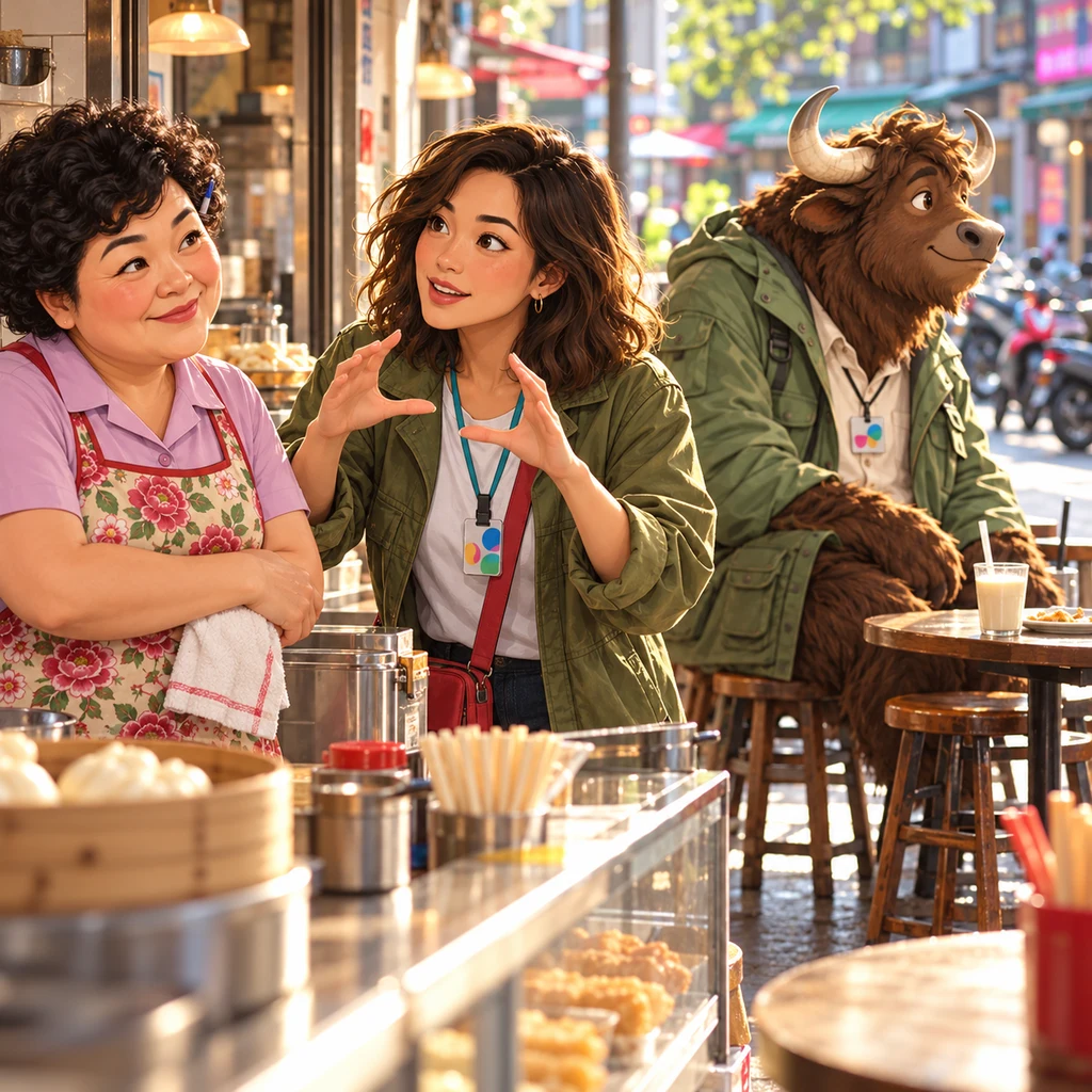 Maya frames an explanation with both hands at the counter while Auntie Lin listens with a folded towel and the yak turns toward the sunny street, leaving his soy milk unfinished.