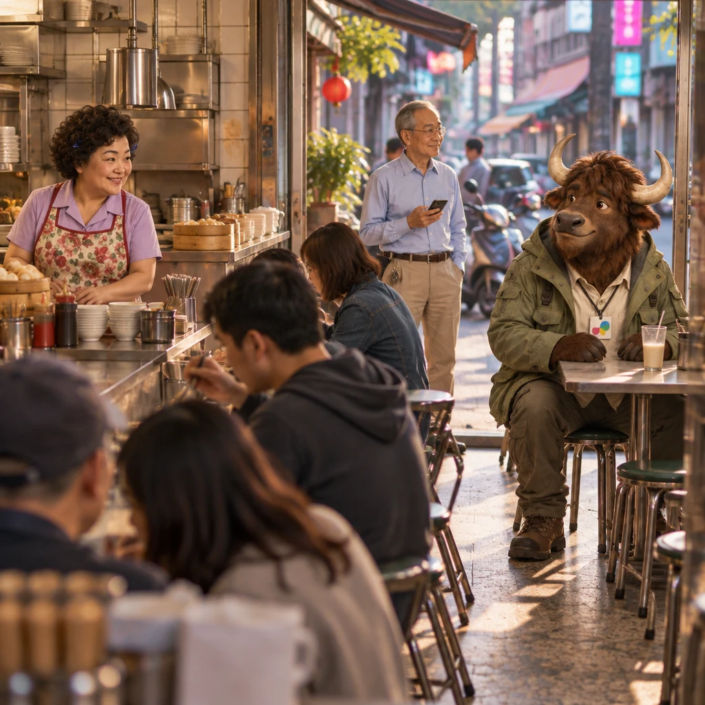 After the lunch rush, folding chairs pack the Banyan Breakfast aisle while Auntie Lin faces the room from the counter, Mr. Wang waits in the doorway with a phone, and A-Li the yak sits on a pair of stools with unfinished soy milk.