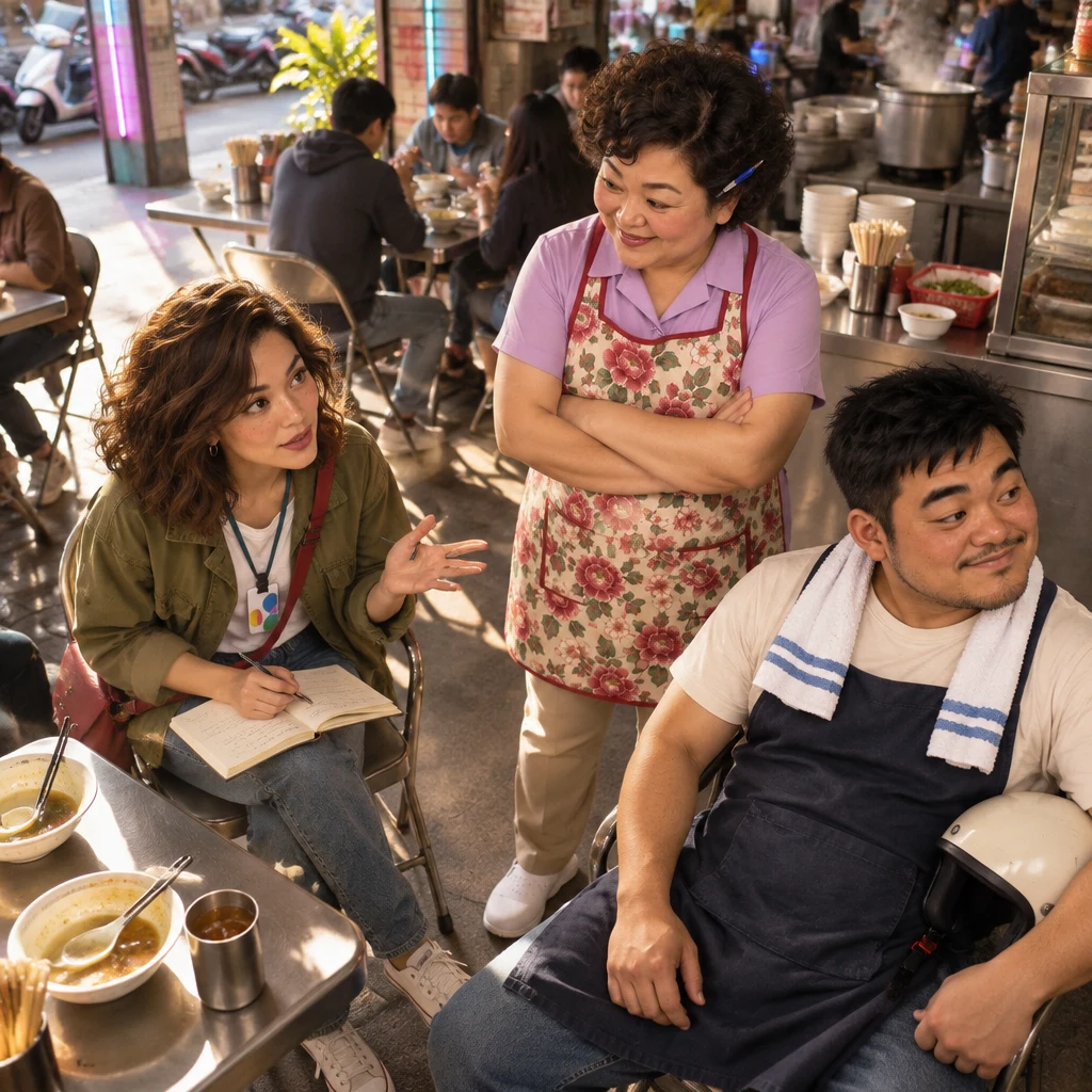 Maya leans forward among the folding chairs with an open notebook, steering the lane meeting while Auntie Lin listens with folded arms and A-Jie slumps in his chair.