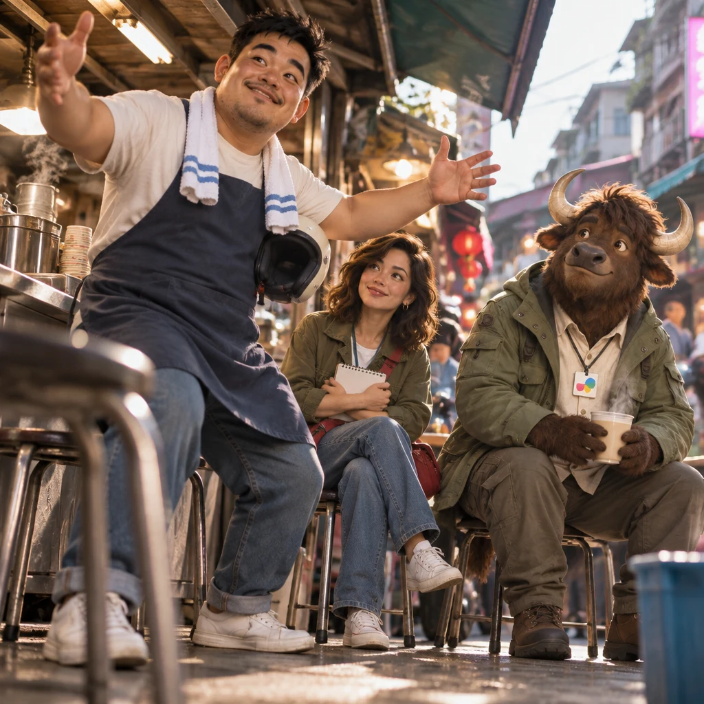 A-Jie half-rises from a folding chair with both arms flung wide, turning from the meeting toward a night-market story, while Maya hugs her notebook and A-Li the yak watches from a pair of stools.