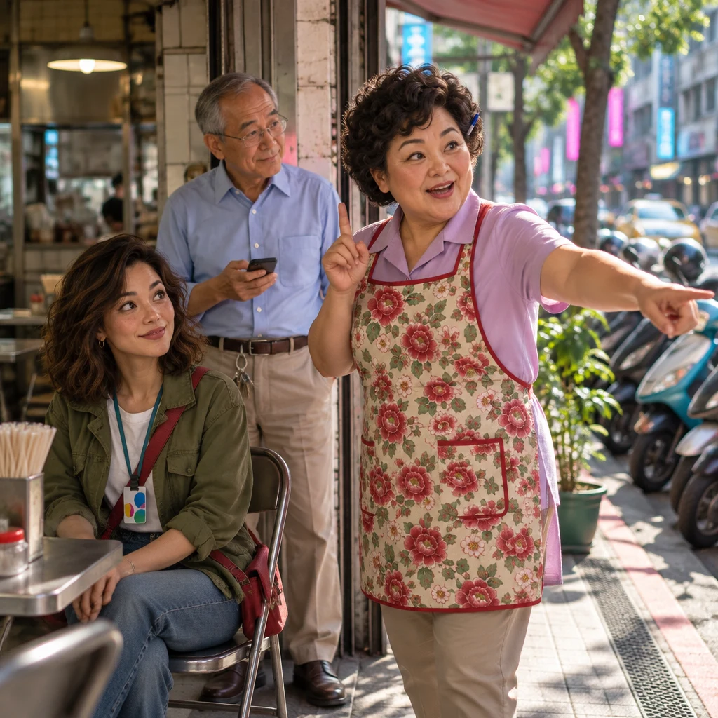 Auntie Lin stands at the open shop front in profile with one finger raised and her other hand aimed at the parked scooters, while Maya looks up from her chair and Mr. Wang glances at the curb.