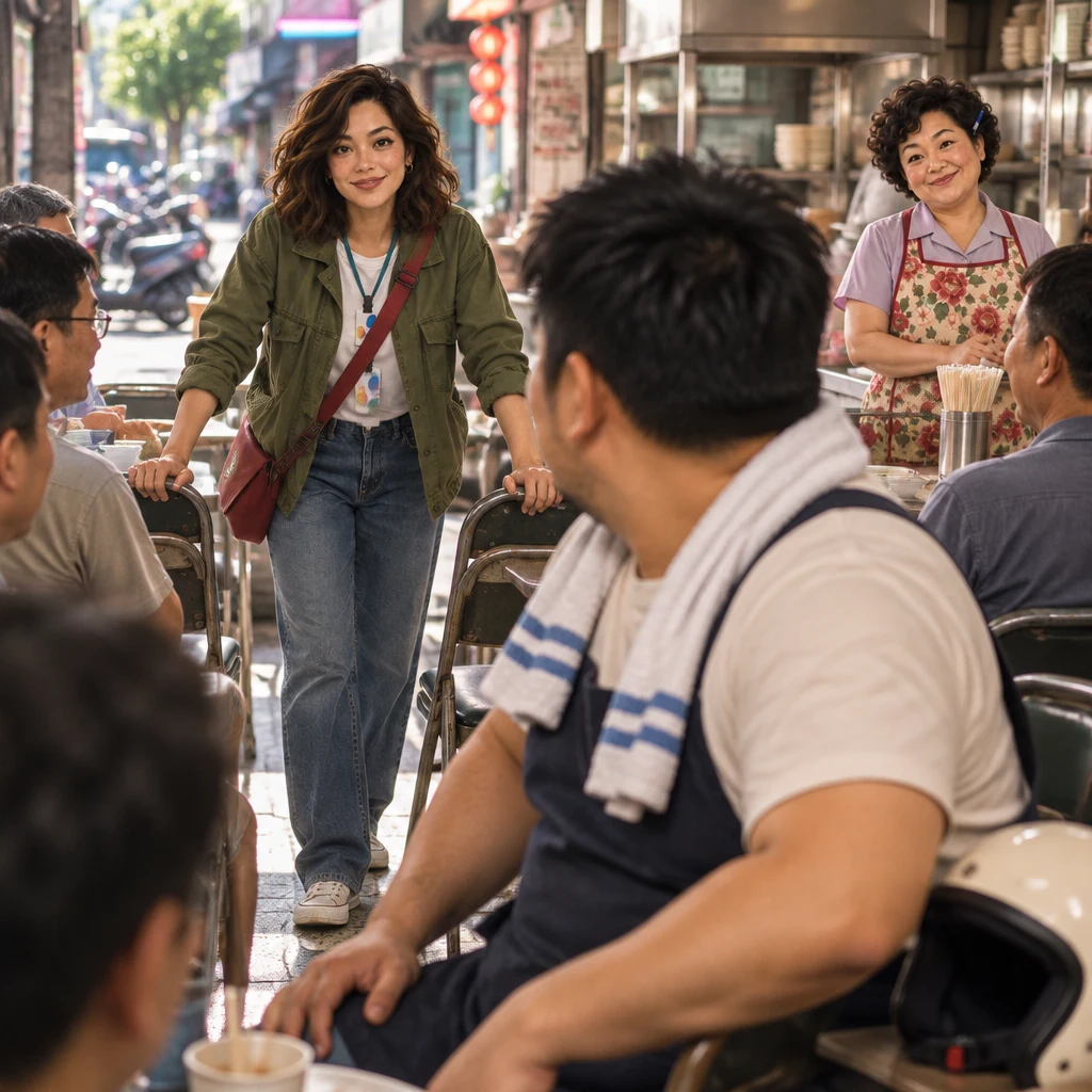 Maya stands in the crowded aisle with both palms pressed down, pulling the circle back together while A-Jie freezes half-seated in the foreground and Auntie Lin nods from the counter.