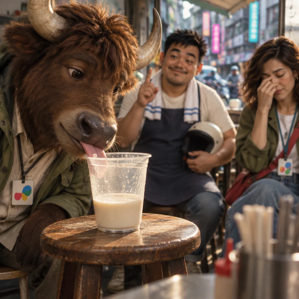A-Li the yak licks unfinished soy milk from a cup on a stool while A-Jie lifts a finger as a memory hits and Maya pinches the bridge of her nose.