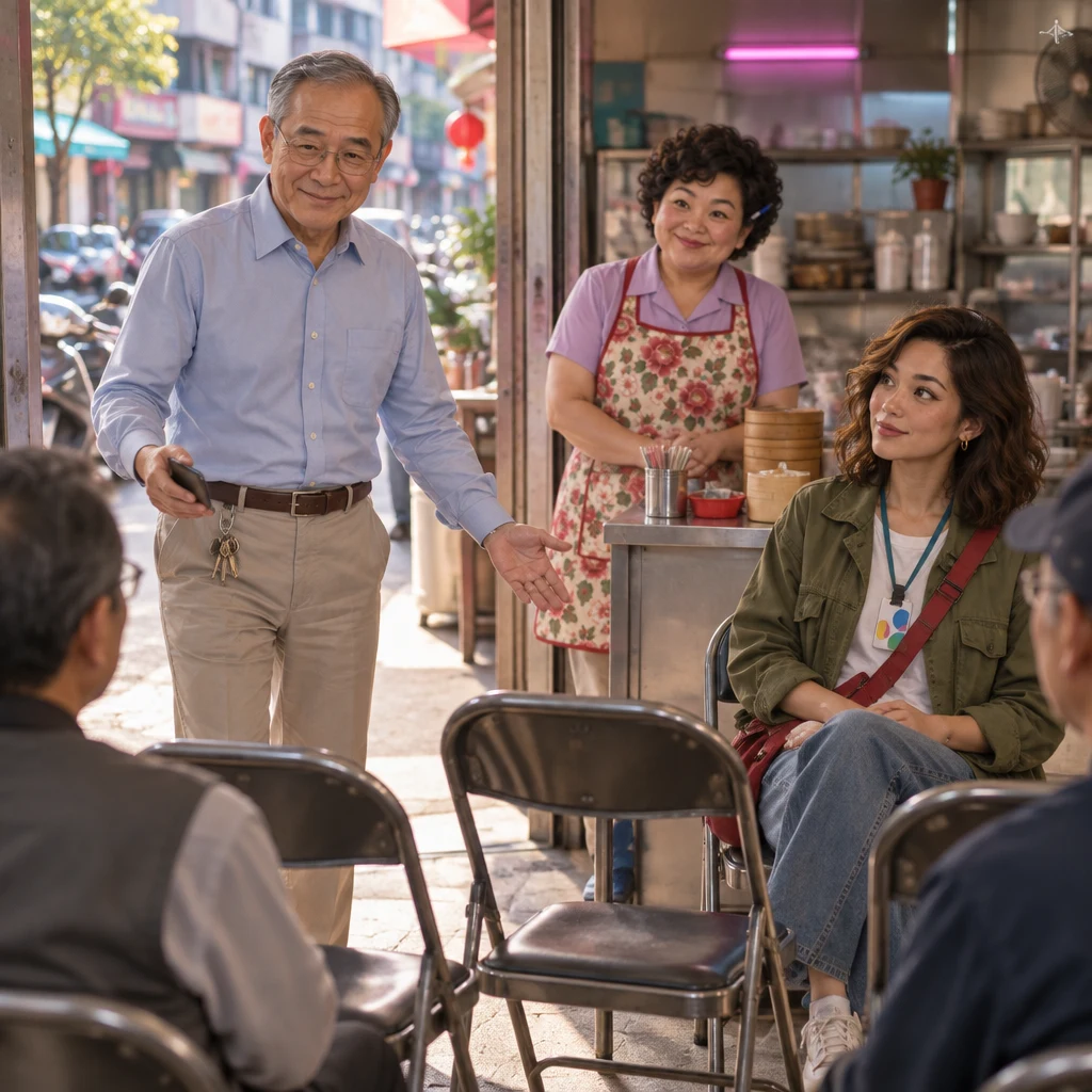 Mr. Wang turns inward from the doorway with his phone lowered and an open palm toward the chairs, rejoining the parking talk while Auntie Lin looks over from the counter and Maya watches from her seat.