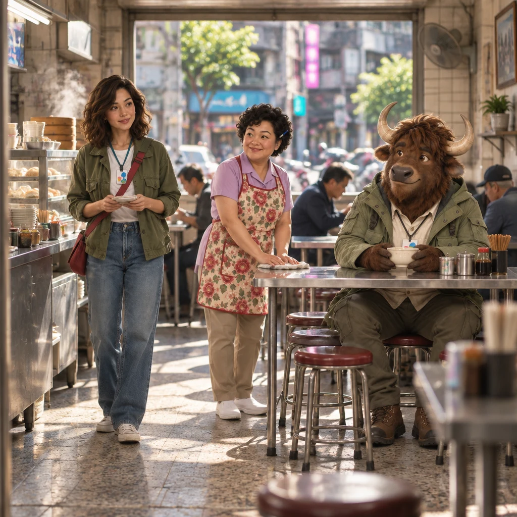 Late-morning Banyan Breakfast with Maya at the counter holding notes, Auntie Lin wiping a table, and A-Li the yak on two stools with soy milk.