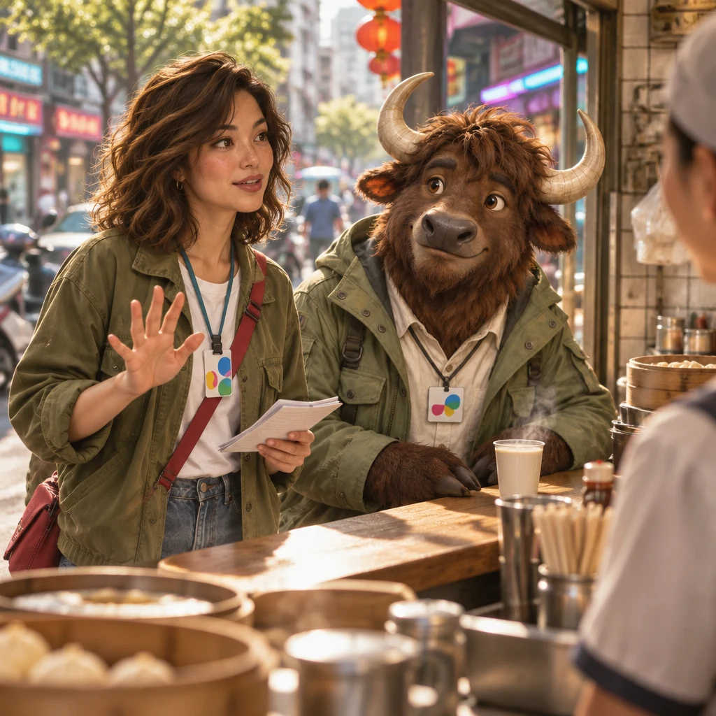 Maya at the counter holds notes and turns the other palm outward in a contrast, while A-Li the yak sits on two stools with soy milk.