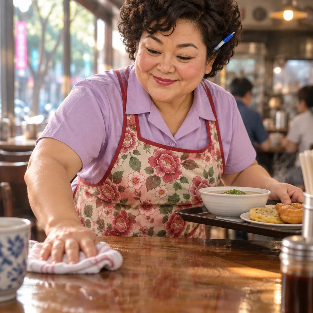 Auntie Lin at a table wipes with one hand and sets down a breakfast tray with the other, doing both at once.