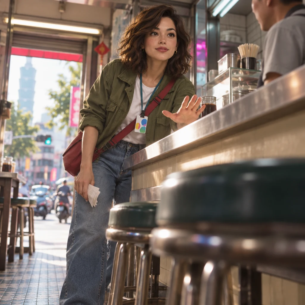 Maya leans on the counter with notes lowered and one palm cutting forward as if a consequence follows.