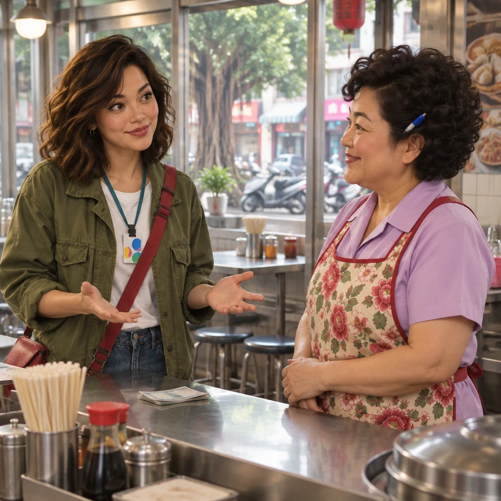 Maya stacks the notes on the counter and opens both hands toward Auntie Lin in a concluding gesture.